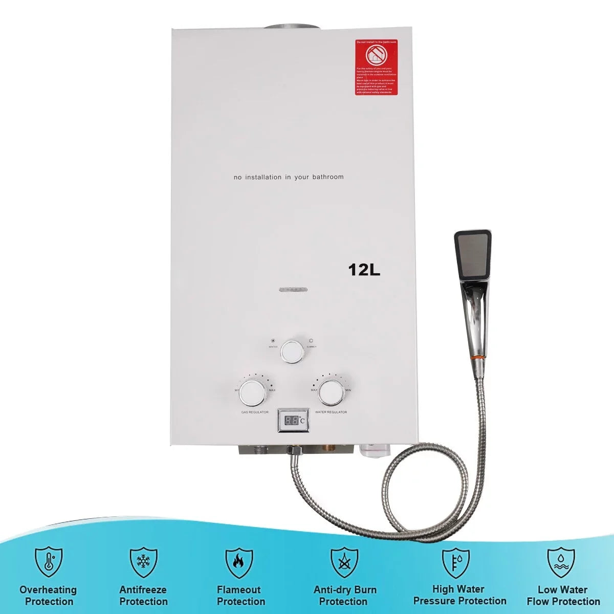 NICCOO 12L Portable LPG Propane Gas Water Heater Gas Tankless Boiler Camping Outdoor