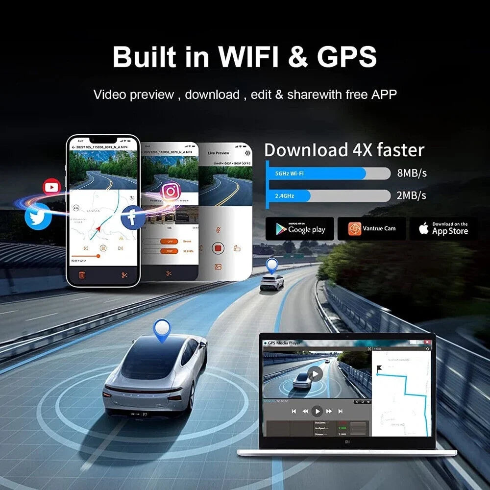 JOMISE Dual Dash Cam Front Rear 4K Full HD Camera Cars Wi-Fi GPS 170° G-Sensor Night Vision