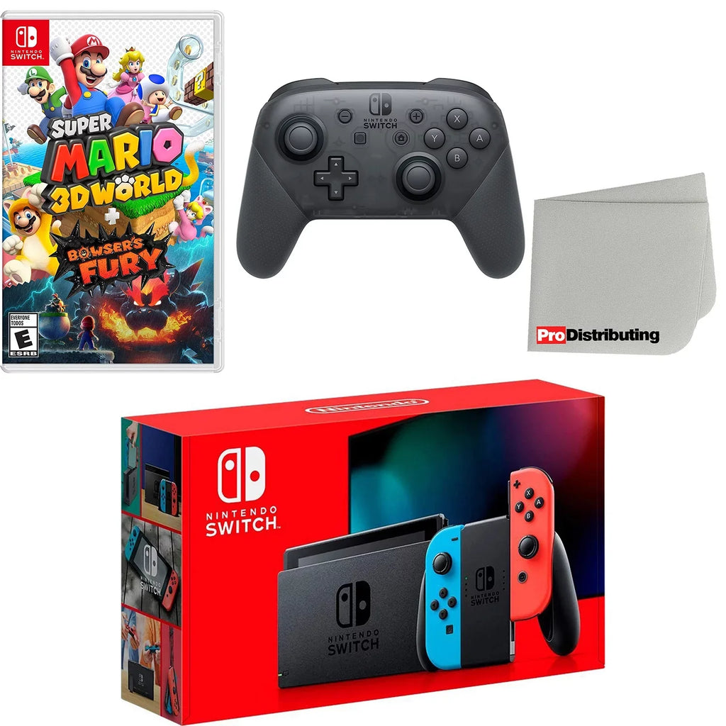 Nintendo Switch Console Neon Red & Blue with Extra Wireless Controller, Super Mario 3D World + Bowser’s Fury and Screen Cleaning Cloth
