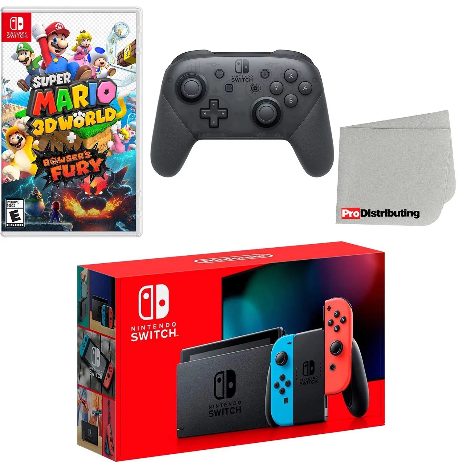 Nintendo Switch Console Neon Red & Blue with Extra Wireless Controller, Super Mario 3D World + Bowser’s Fury and Screen Cleaning Cloth