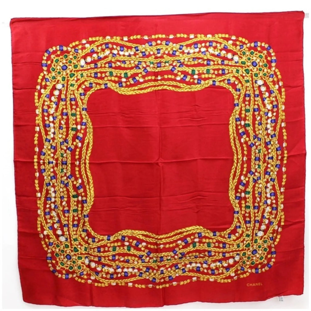 Pre-Owned Chanel silk scarf muffler red pattern B rank CHANEL ladies (Fair)