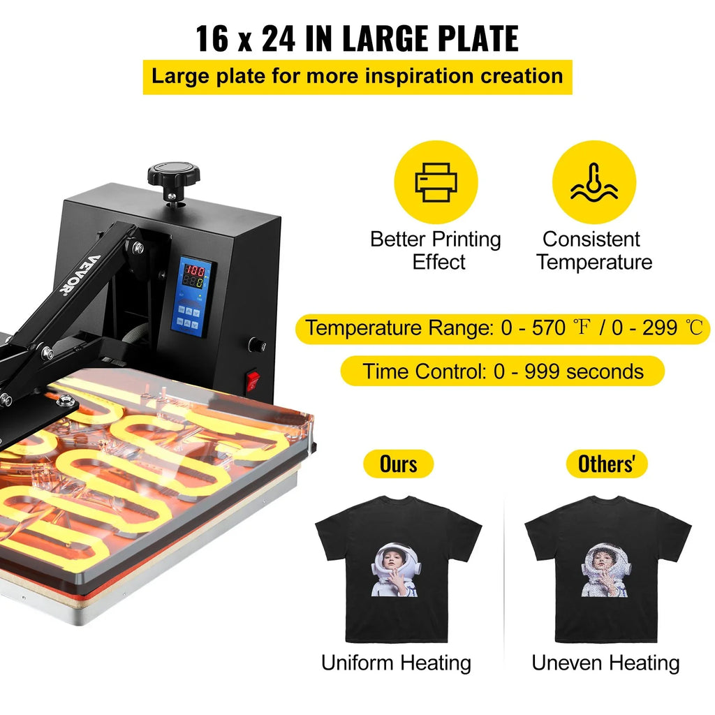 VEVOR 16x24 Heat Press Machine 1700W Power, Industrial Sublimation Printer TShirt and Heat Transfer Vinyl, Easy to Use Digital Heat Press Black