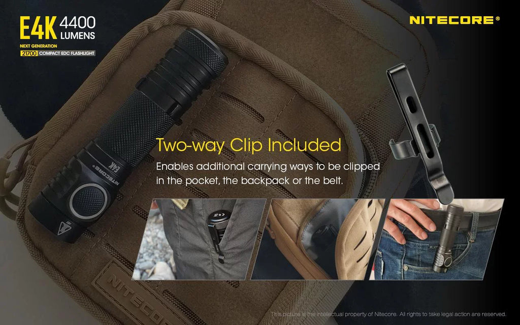 Combo: NITECORE E4K Next generation Flashlight - 4400 Lumens w/Tip Copper Keychain Light -360 Lumens