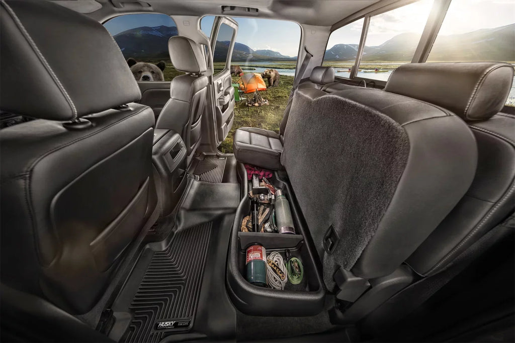 Husky by RealTruck with 2015-20 Ford F-150 SuperCrew, 2017-20 Ford F-250/F-350 Crew Cab - without factory storage box Gearbox Under Seat Storage Box