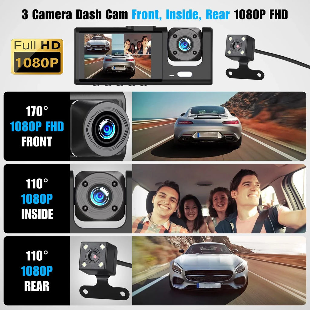 Dash Cam Front Rear Inside W/32GB TF Card, 3 Channel Dual Dash Camera, 1080P Car Camera DVR Backup Cam, 3 Way Triple Dashboard Driving Recorder, Inside IR Night Vision, G-Sensor