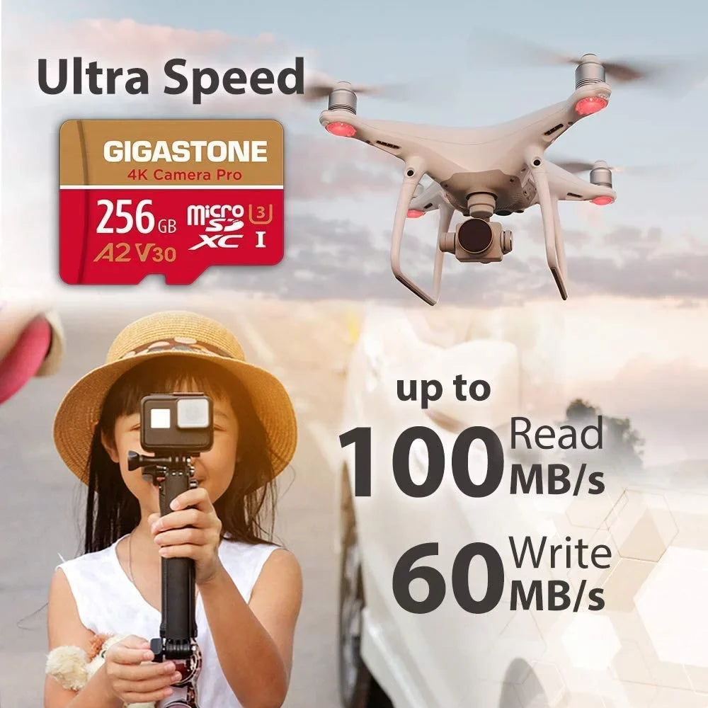 Gigastone 256GB Micro SD Card, 4K Video Recording, 4K Camera Pro, Suitable with Nintendo Switch, Dash Cam, GoPro Cameras, R/W up to 100/50 MB/s, Micro SDXC UHS-I A1 V30 Class 10, 2 Pack (2x256GB)
