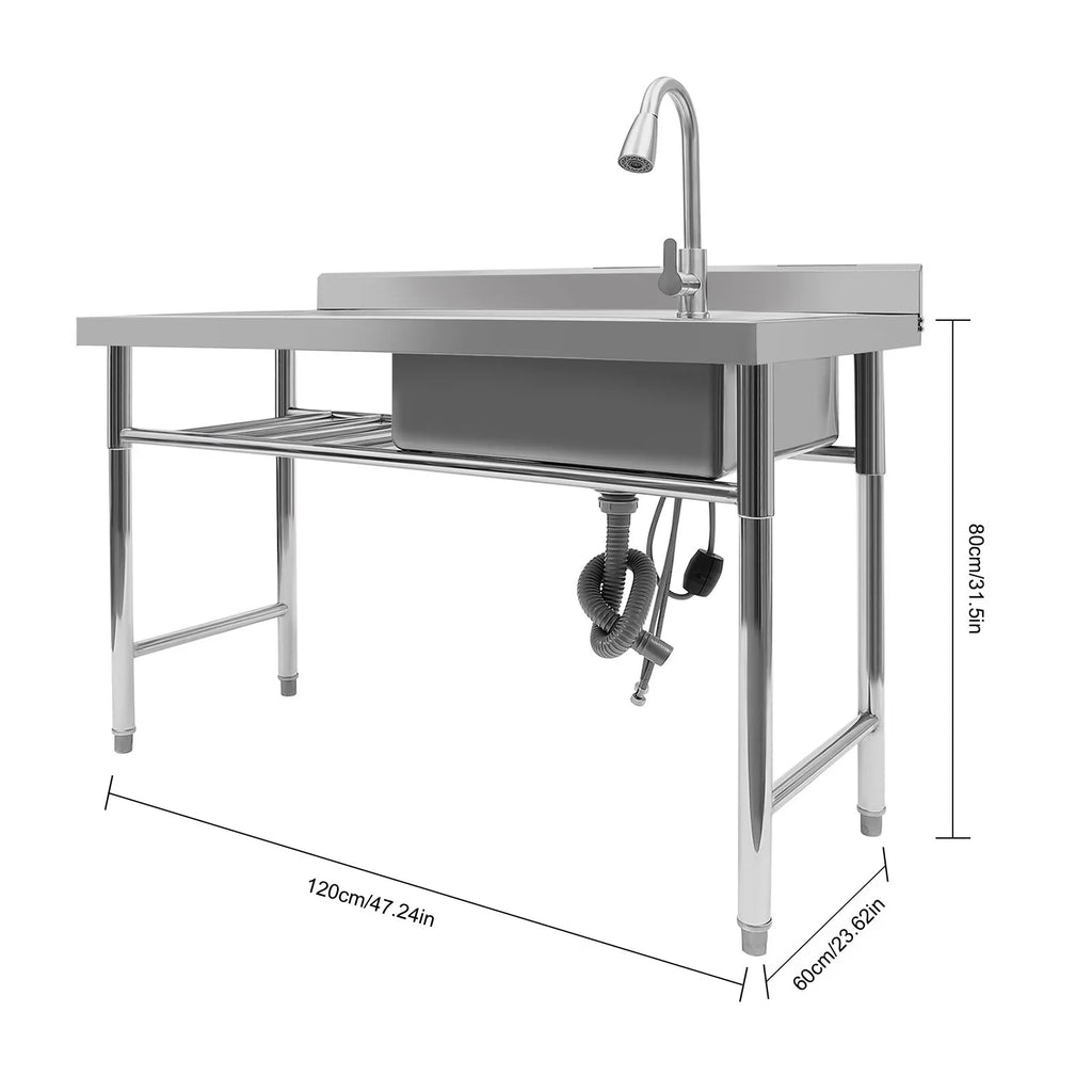 Aiqidi 47" Freestanding Stainless Steel Utility Sink, 1 Compartment Commercial Restaurant Kitchen Sink Washing Hand Basin w/Catering Prep Table & Pull-Out Faucet & Drainpipe