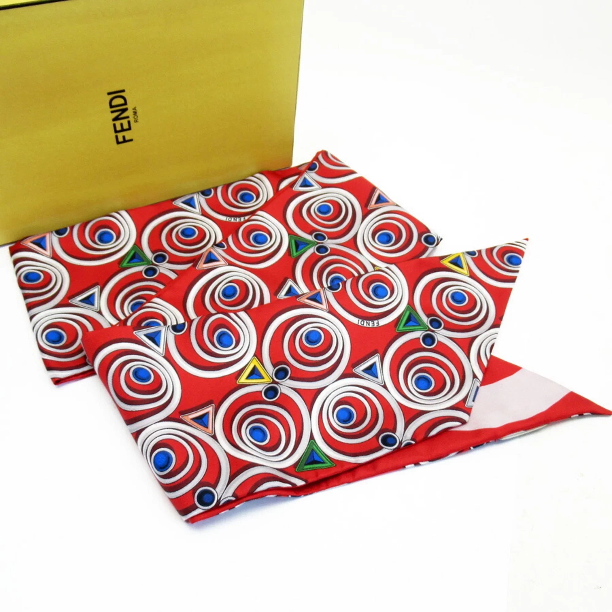Pre-Owned FENDI Scarf Ribbon Maxi Rappy Red Multicolor 100% Silk (Good)