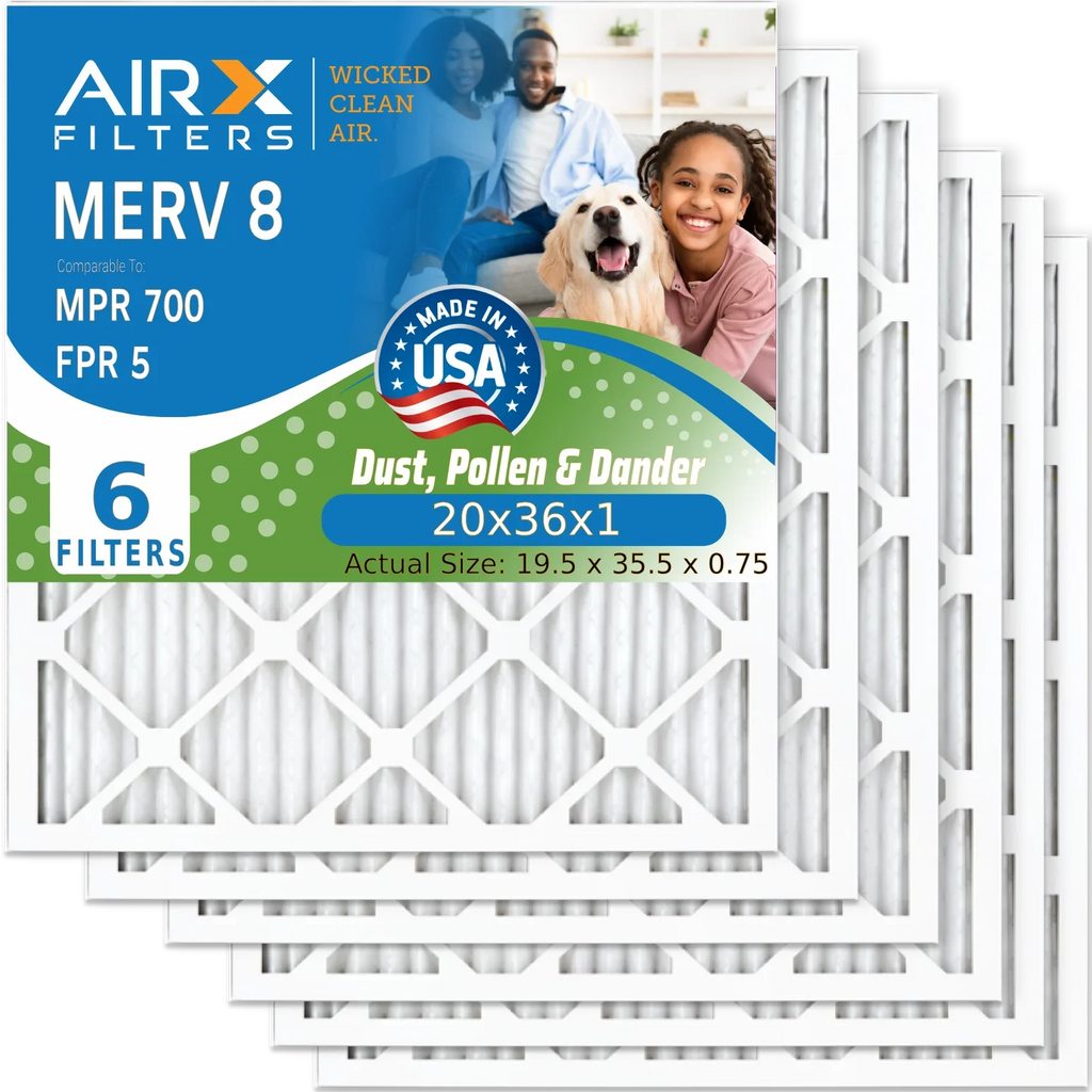 20x36x1 Air Filter MERV 8 Comparable to MPR 700 & FPR 5 Electrostatic Pleated Air Conditioner Filter 6 Pack HVAC AC Premium USA Made 20x36x1 Furnace Filters by AIRX FILTERS WICKED CLEAN AIR.