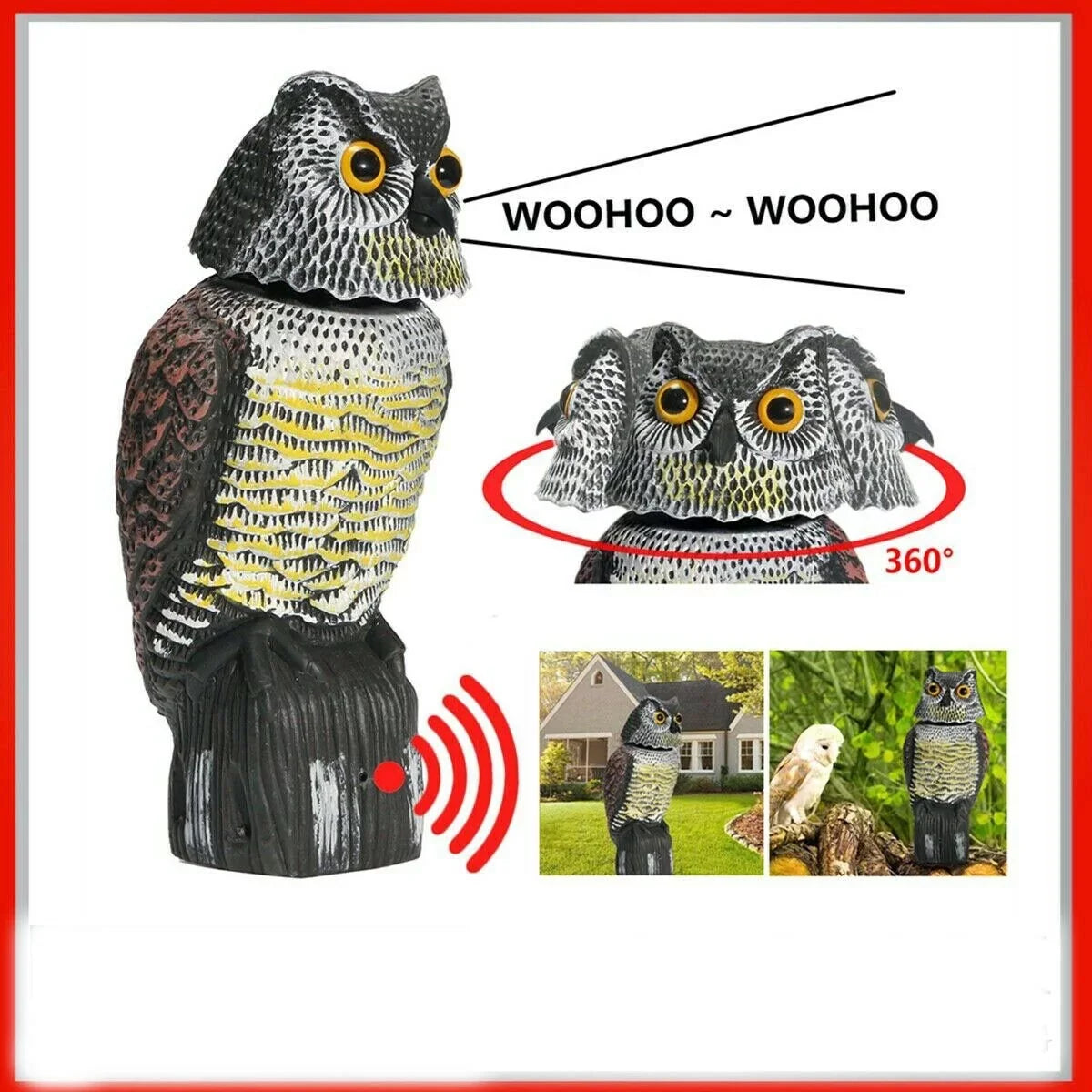 Owl Decoy 360 Rotate Head to Scare Birds, Scarecrow Owl Decoy Statue Realistic Scary Sounds & Shadow Fake Owl Outdoor Pest Bird Deterrent Patio Yard Garden Protector