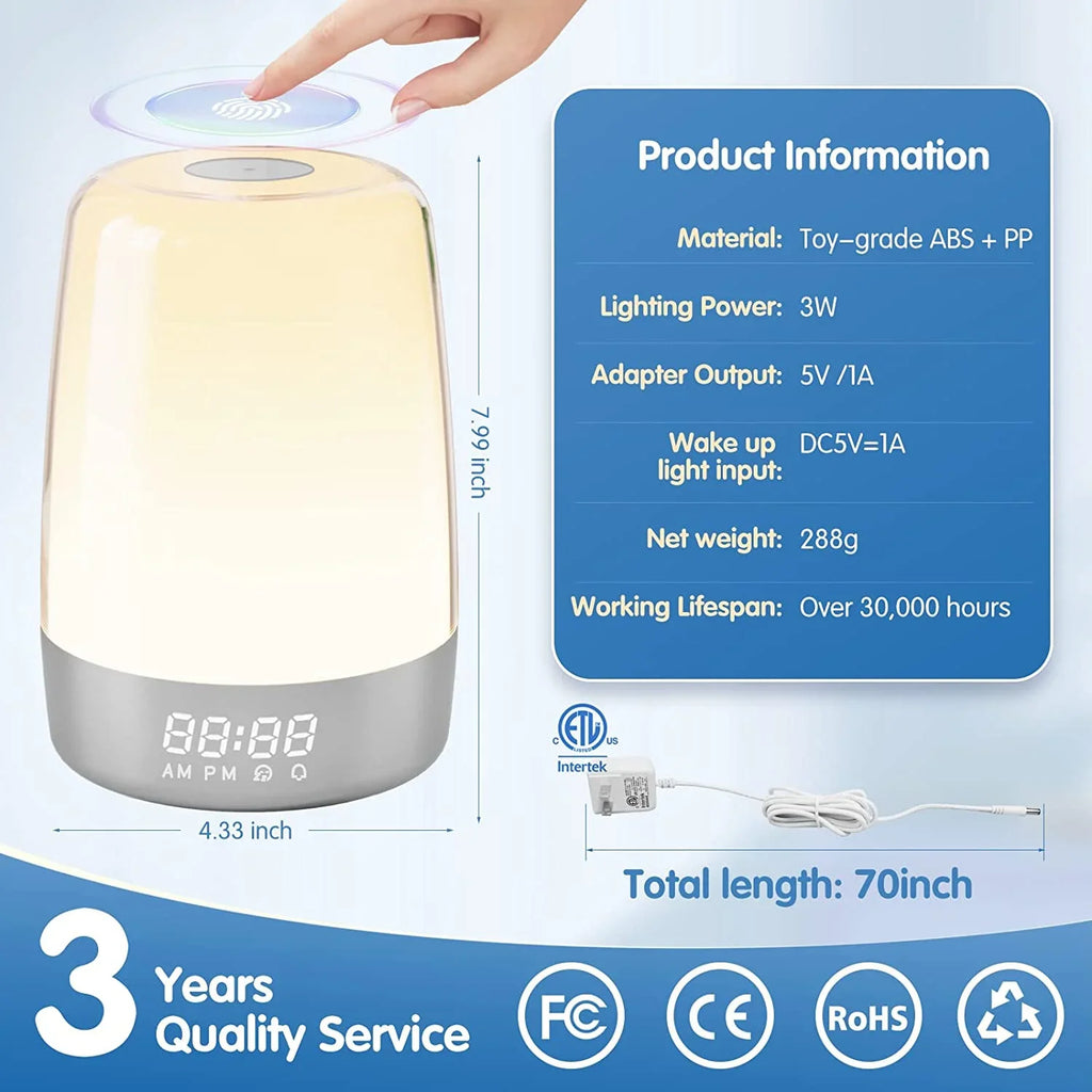 Sunrise Simulation Alarm Clock Wake Up Light Heavy Sleepers Adults, Dimmable Sun Lamp Kid Bedroom Nursery Bedside Night Light Sleep Aid, 7 RGB Lights, 7 Natural Sound Alarms, Snooze Timer