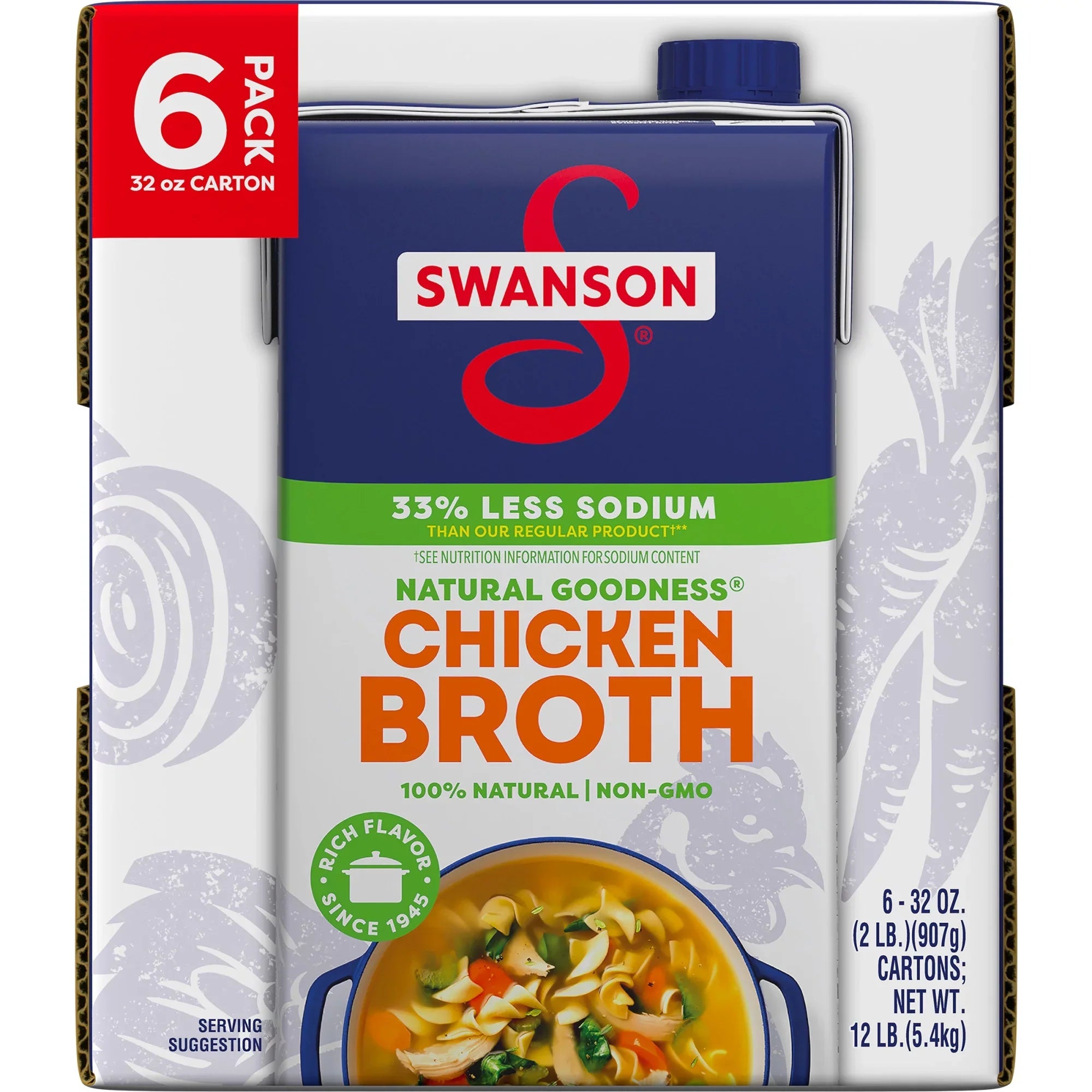 (6 Pack) Swanson Natural Goodness 33% Less Sodium Chicken Broth, 32 oz Carton