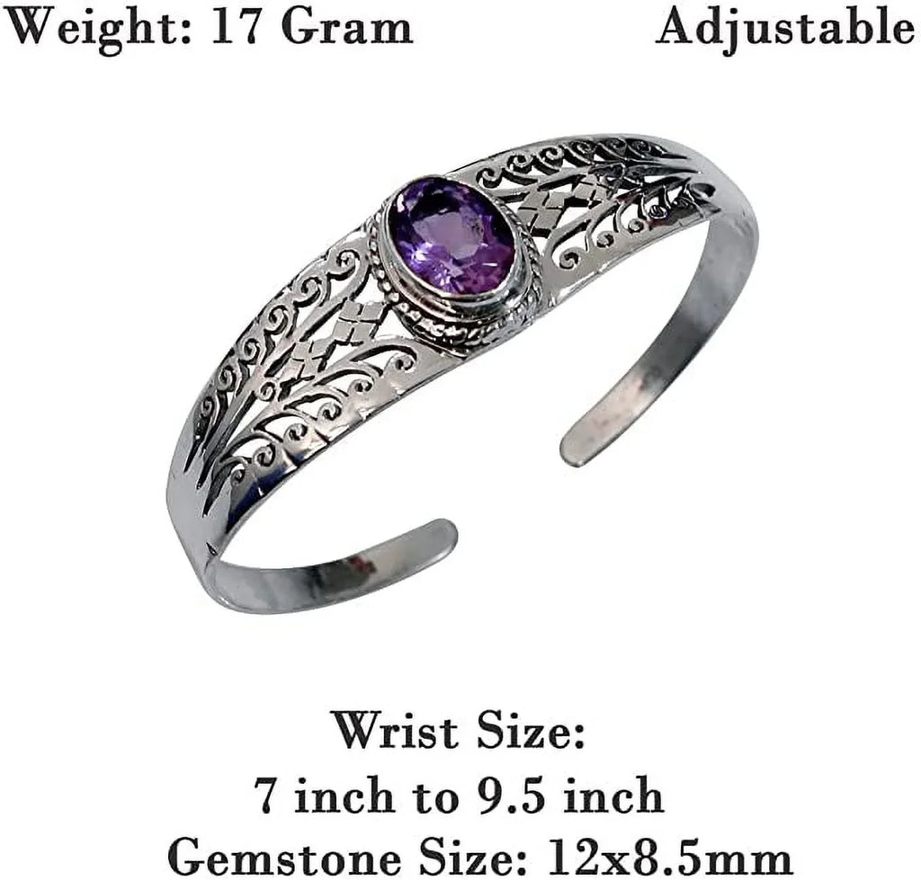 Genuine Purple Amethyst Gemstone Handmade Cuff Bracelet Men Women, Genuine 925 Sterling Silver Fashion Bracelets, Adjustable Designer Jewelry Gifts