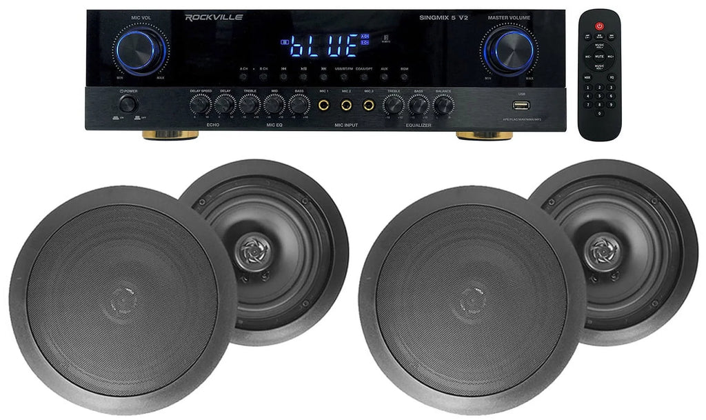 Rockville SINGMIX 5 Bluetooth Home Receiver Amp+(4) 8" Black Ceiling Speakers