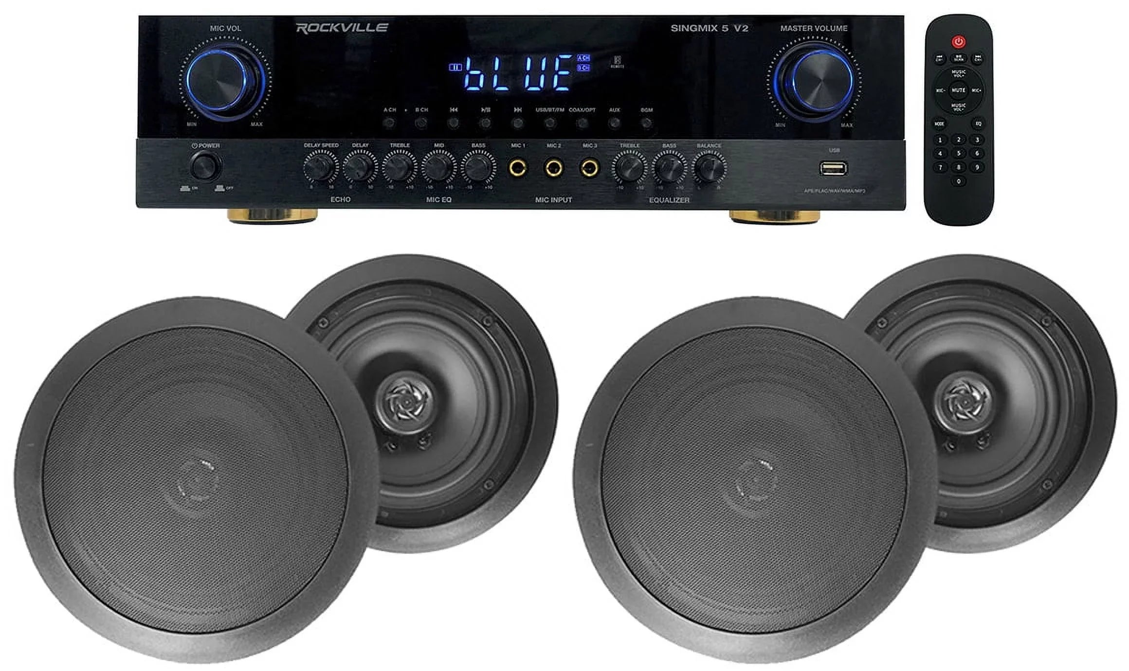 Rockville SINGMIX 5 Bluetooth Home Receiver Amp+(4) 8" Black Ceiling Speakers