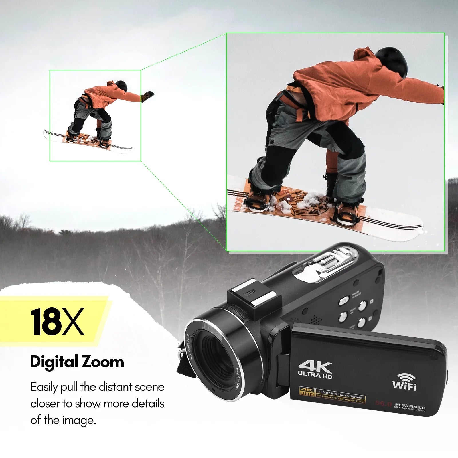Andoer 4K Digital Video WiFi Camcorder DV Recorder 56MP 18X Digital Zoom 3.0 Inch IPS Touchscreen Supports Face Detection IR Night Vision -shake with 2pcs Batteries + Remote Control + Carry Bag