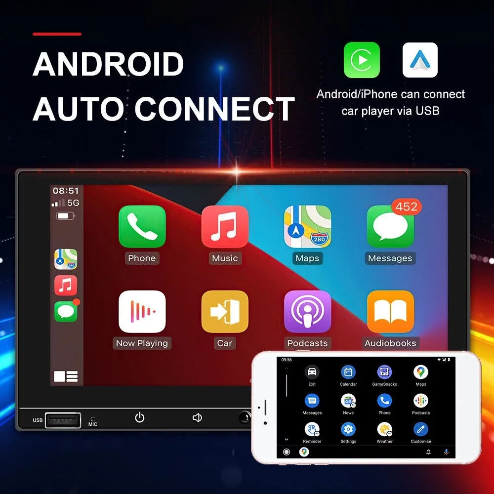 JLLOM 7" HD Screen Apple Carplay & Android Auto MP5 Player Wired Mirror Link Bluetooth AUX Fast Charge - Car Stereo System