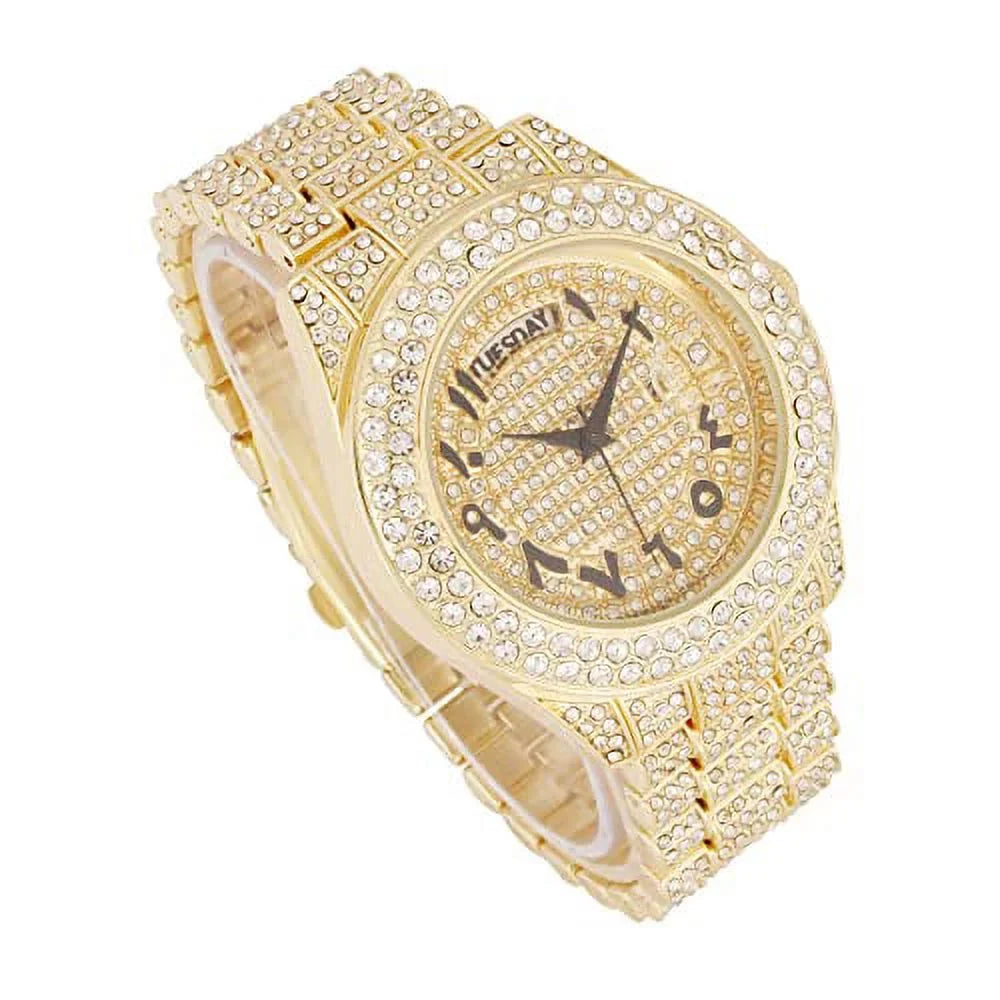 Charles Raymond Big Rocks Fully Iced Out Diamond Mens Watch w/Easy Read Date & Day - Designer Hip Hop Blinged Out Timepiece - ST10535 (ST10536-AN Gold -C)