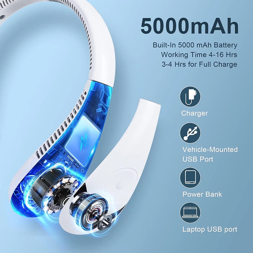 Morttic Portable Neck Fan, Foldable Bladeless Fan Wearable Personal Fan Hands Free Cooler Fan 5000 mAh 3 Speeds, 360 Degrees Airflow USB Rechargeable Fan Perfect Outdoor Travel Sport (White)