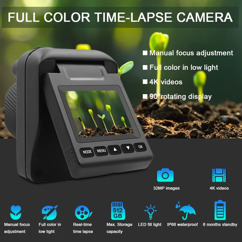 Htovila Camcorder,32MP 4K Waterproof Time Lapse Camera Waterproof Timelapse Camera Screen 6 Months 6 Months Battery 4K Waterproof Timelapse Outdoor Camera 32MP 4K Camera 90 Screen Plant ADBEN LAOSHE
