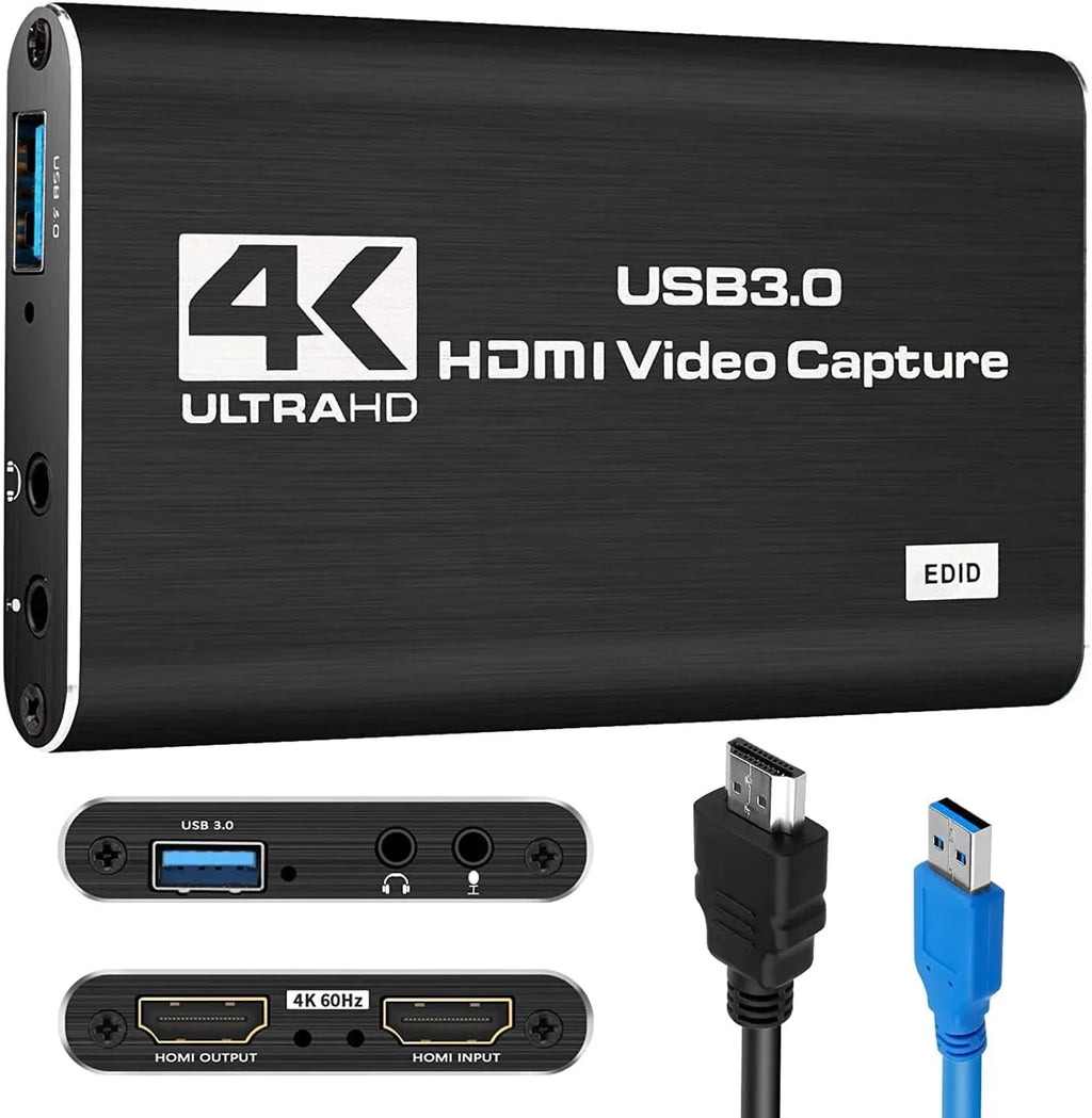 Capture Card, 4K Audio Video Capture Card, USB 3.0 Capture Adapter 1080P 60FPS Video Recorder Device Game Recording, Works , Streaming Live,Support X-Box/OBS/Camera/PC