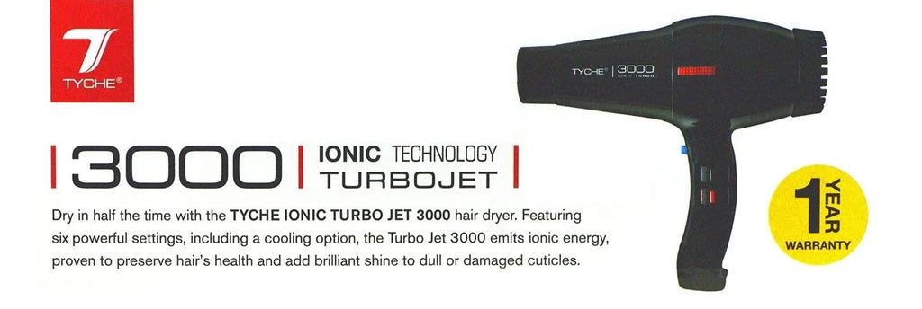 Tyche Turbo 3000 Black Professional Ionic Ceramic Tech Hair Dryer (1 Year Warranty) Dries Hair Fast Negative Ions, Infrared Hair Shine Electromagnetic Radiation Heat & Air Distribution Power