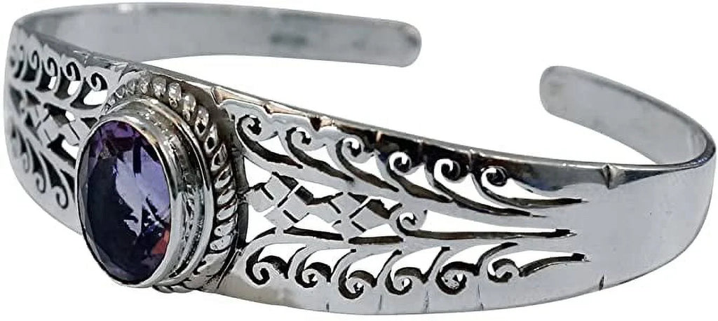 Genuine Purple Amethyst Gemstone Handmade Cuff Bracelet Men Women, Genuine 925 Sterling Silver Fashion Bracelets, Adjustable Designer Jewelry Gifts