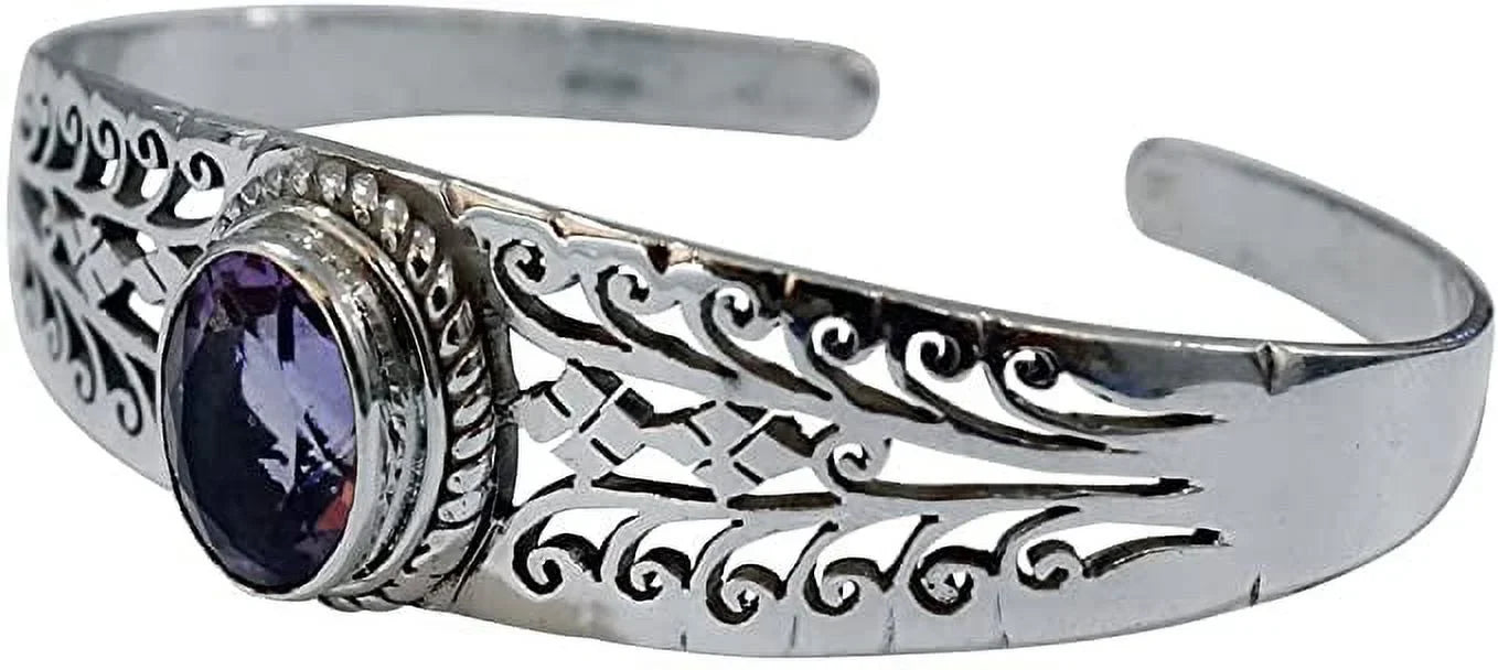 Genuine Purple Amethyst Gemstone Handmade Cuff Bracelet Men Women, Genuine 925 Sterling Silver Fashion Bracelets, Adjustable Designer Jewelry Gifts