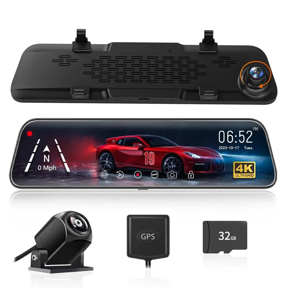 WOLFBOX Rear View Mirror Dash Camera, 12" 4K Mirror Dash Cam, Backup Camera with Full Touch Screen, Parking Monitor, Free 32GB Card & GPS