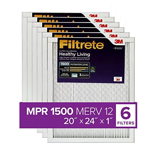 Filtrate 20x24x1, AC Furnace Air Filter, MPR 1500, Healthy Living Ultra Allergen, 6-Pack