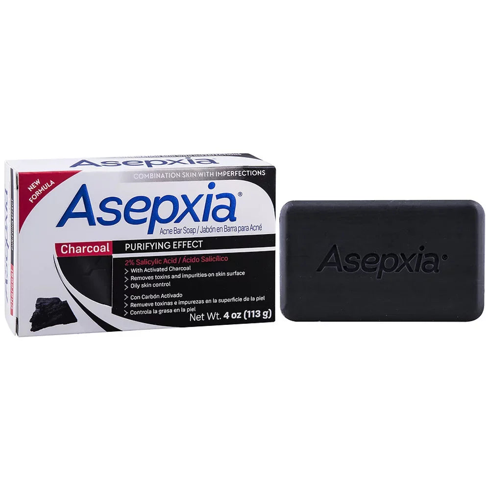 Asepxia Charcoal Cleansing Bar Soap Acne and Blackheads. Removes Impurities and Toxins. Helps Oily Skin with Salycilic Acid. 4 oz. Pack of 3