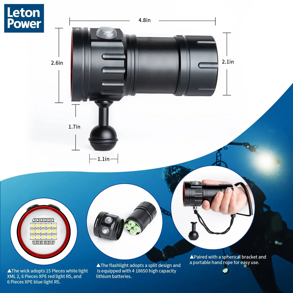 B15 Dive Light Underwater Flashlight 8000Lumens Underwater Video Lights 80m Scuba Dive Light Diving Flashlight Under Water Sports,Underwater Video Shooting and Photography