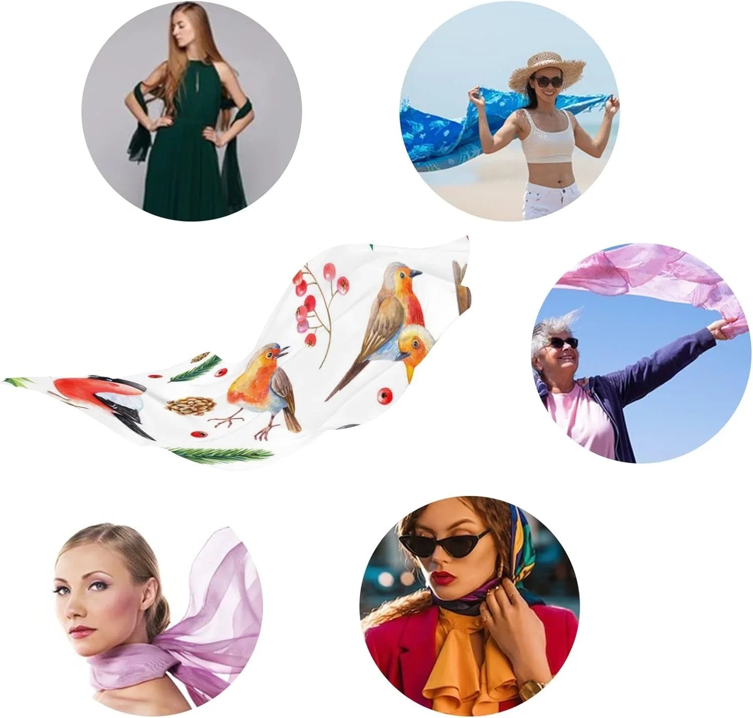 Hyjoy Christmas Watercolor Bird with Leaves Long Silk Neck Scarf Lightweight Shawl Wrap Scarves Women Girls
