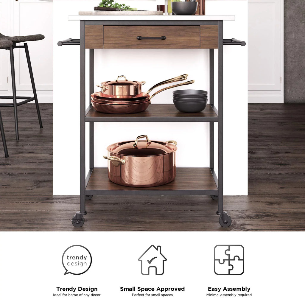 DHP Kane Kitchen Cart, Black Metal Frame, Stainless Steel Counter Top, Pantry Storage, Brown