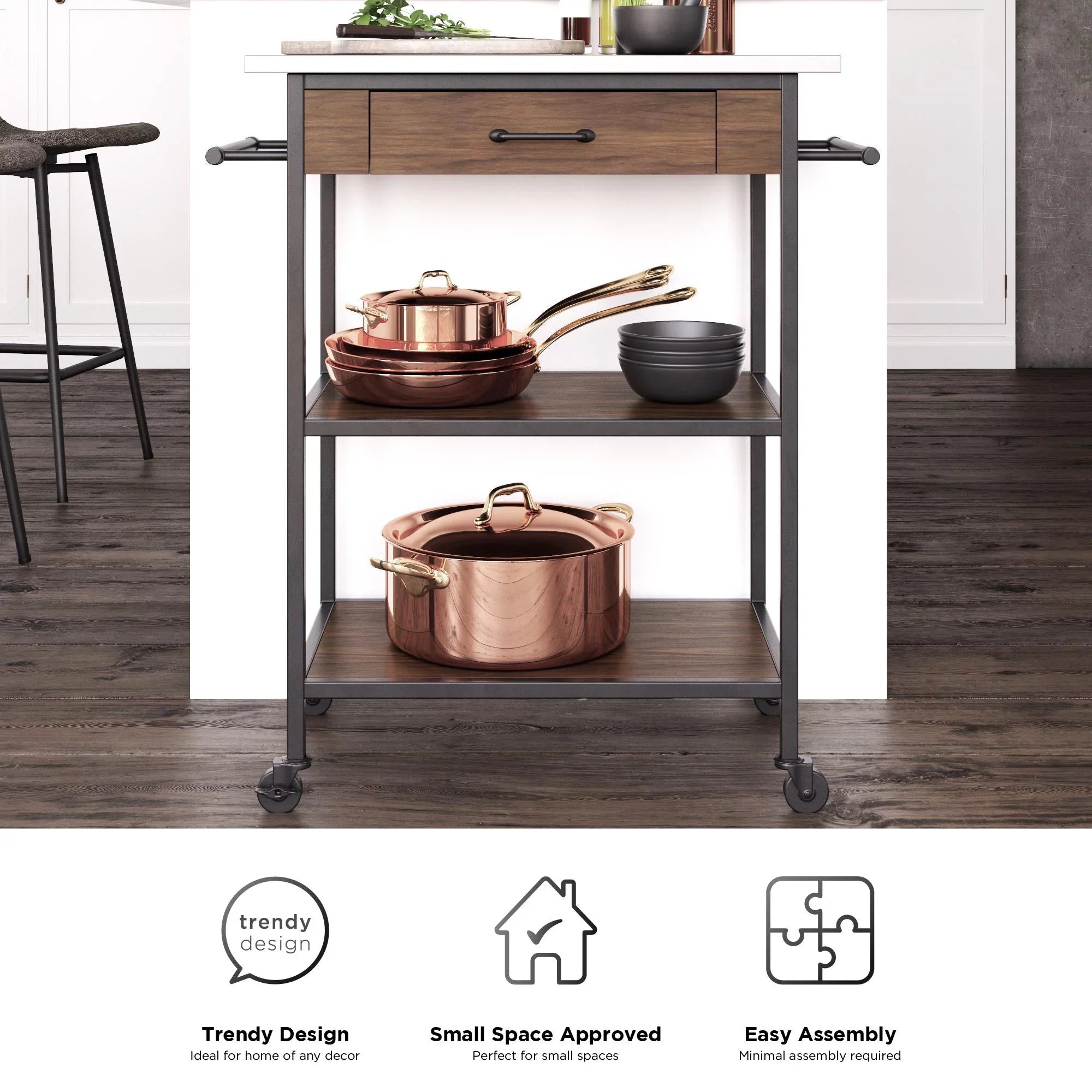 DHP Kane Kitchen Cart, Black Metal Frame, Stainless Steel Counter Top, Pantry Storage, Brown