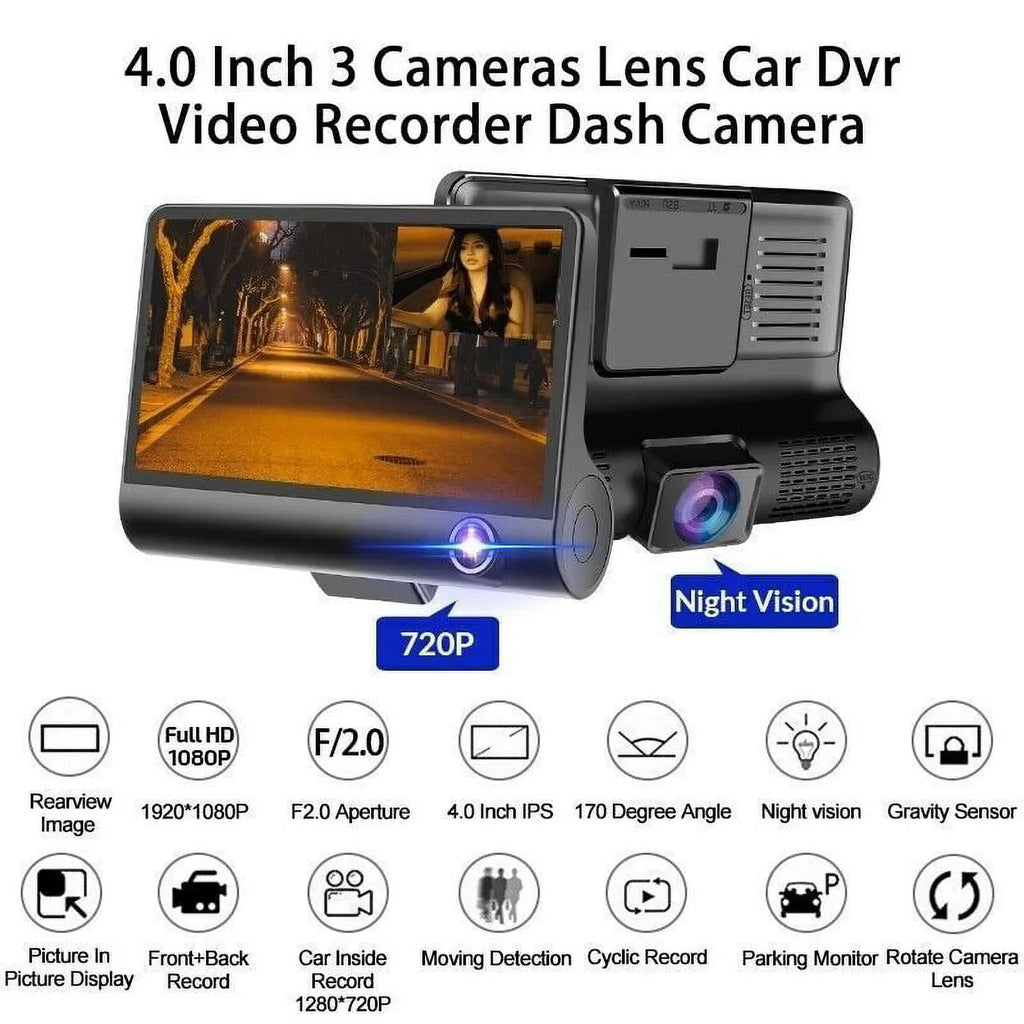 TASHHAR Car Dual Lens Dash Cam 1080P 4" HD DVR Front/Rear/Built-In Video Camera Driving Recorder G-Sensor, Motion Detection and Parking Monitoring