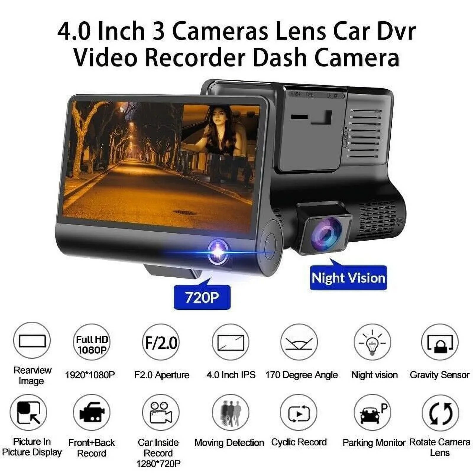 TASHHAR Car Dual Lens Dash Cam 1080P 4" HD DVR Front/Rear/Built-In Video Camera Driving Recorder G-Sensor, Motion Detection and Parking Monitoring