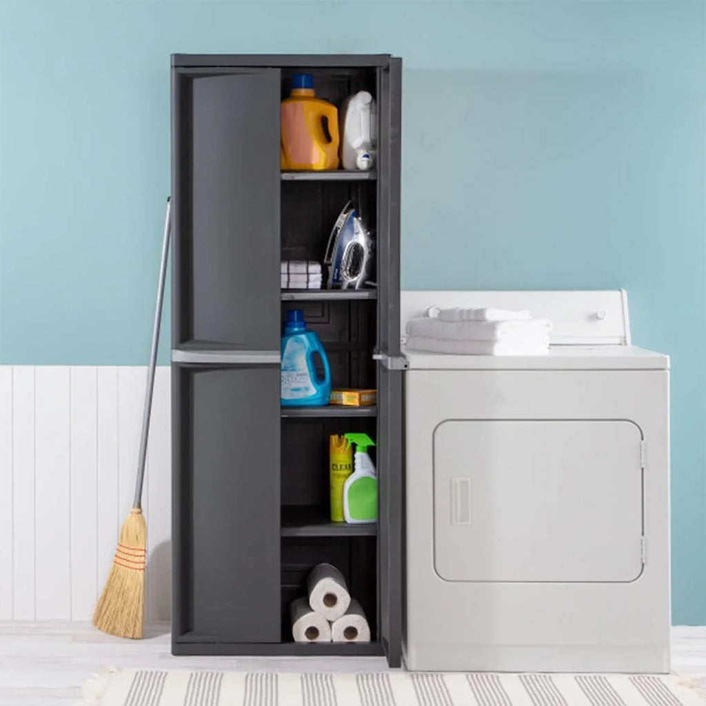 HOZO 4 Shelf Cabinet, Heavy Duty and Easy to Assemble Plastic Storage Unit, Organize Bins in the Garage, Basement, Attic, Mudroom, Gray, 1-Pack