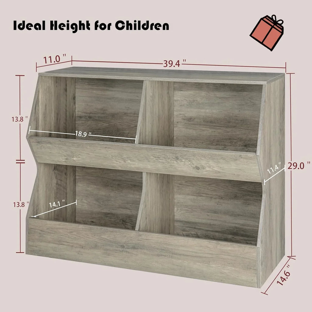 JIAH Kids , Toy Storage Organizer, Wooden Toy Storage Cabinet, 4 Cubby Children Bookcase, Toddler Book Toy Shelf Bedroom, Nursery, Hallway, School, 39.4" Long, Gray Wash