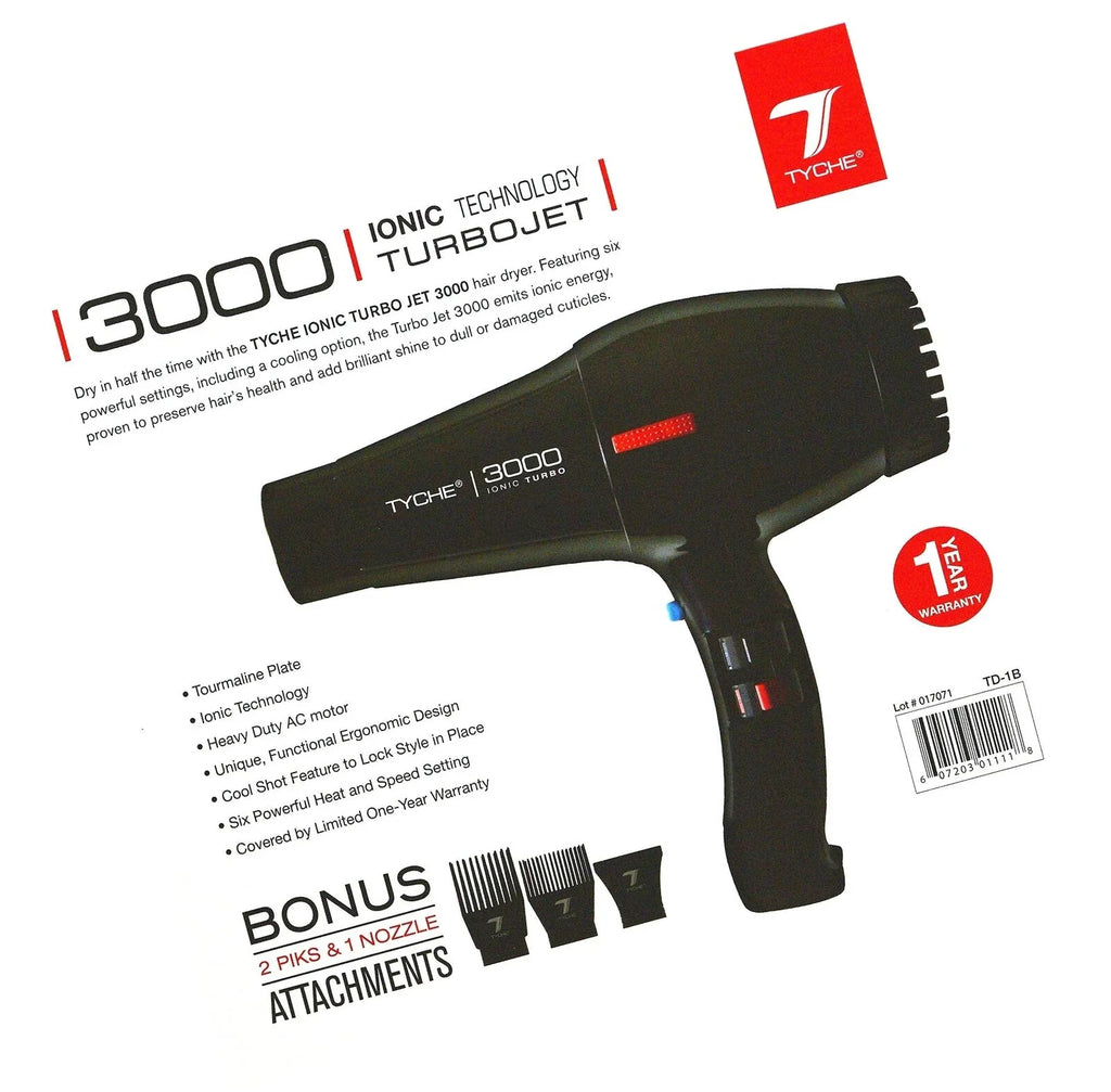 Tyche Turbo 3000 Black Professional Ionic Ceramic Tech Hair Dryer (1 Year Warranty) Dries Hair Fast Negative Ions, Infrared Hair Shine Electromagnetic Radiation Heat & Air Distribution Power