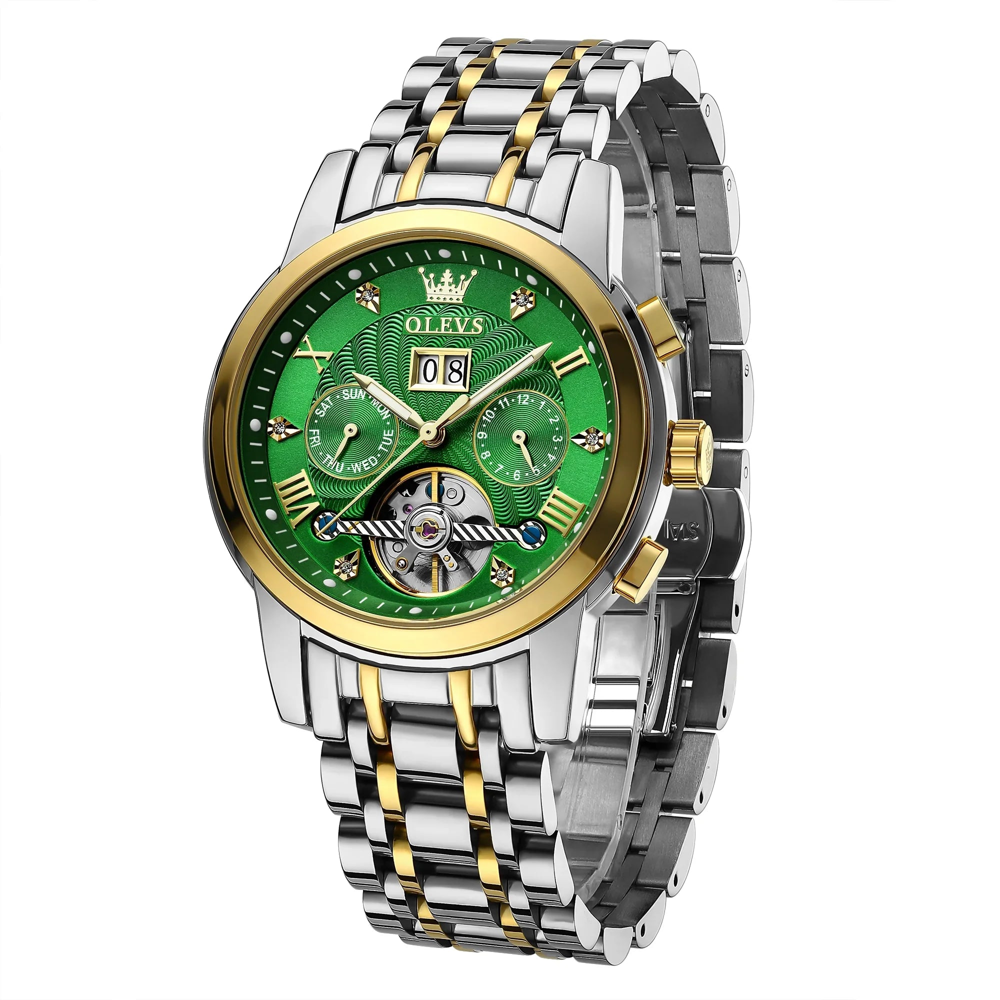 OLEVS Automatic Watches Men Luxury Business Dress Mens Watches Diamond Skeleton Self-Winding Stainless Steel Band