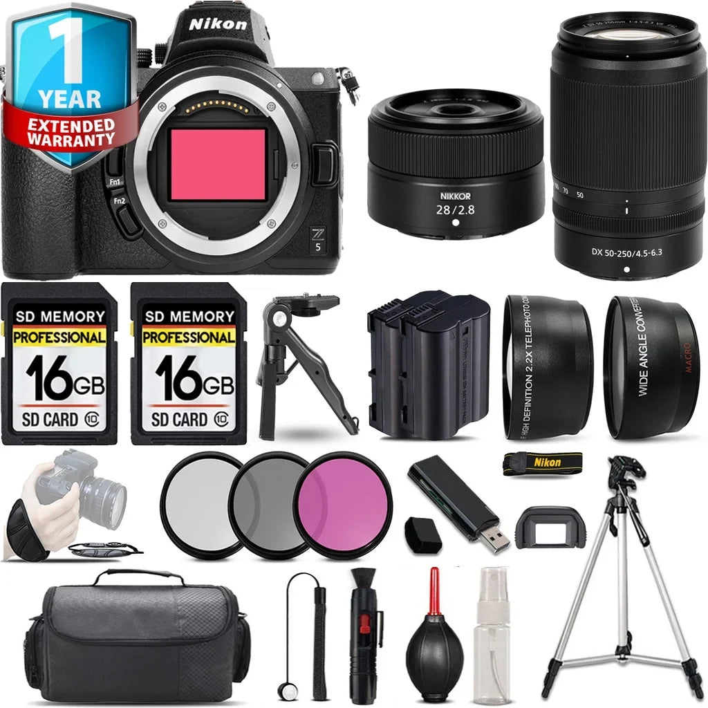 Nikon Z5 Mirrorless Camera with 50-250mm f/4.5-6.3 VR Lens + 28mm f/2.8 Lens + 3 PC Filter Set + 32GB- Kit