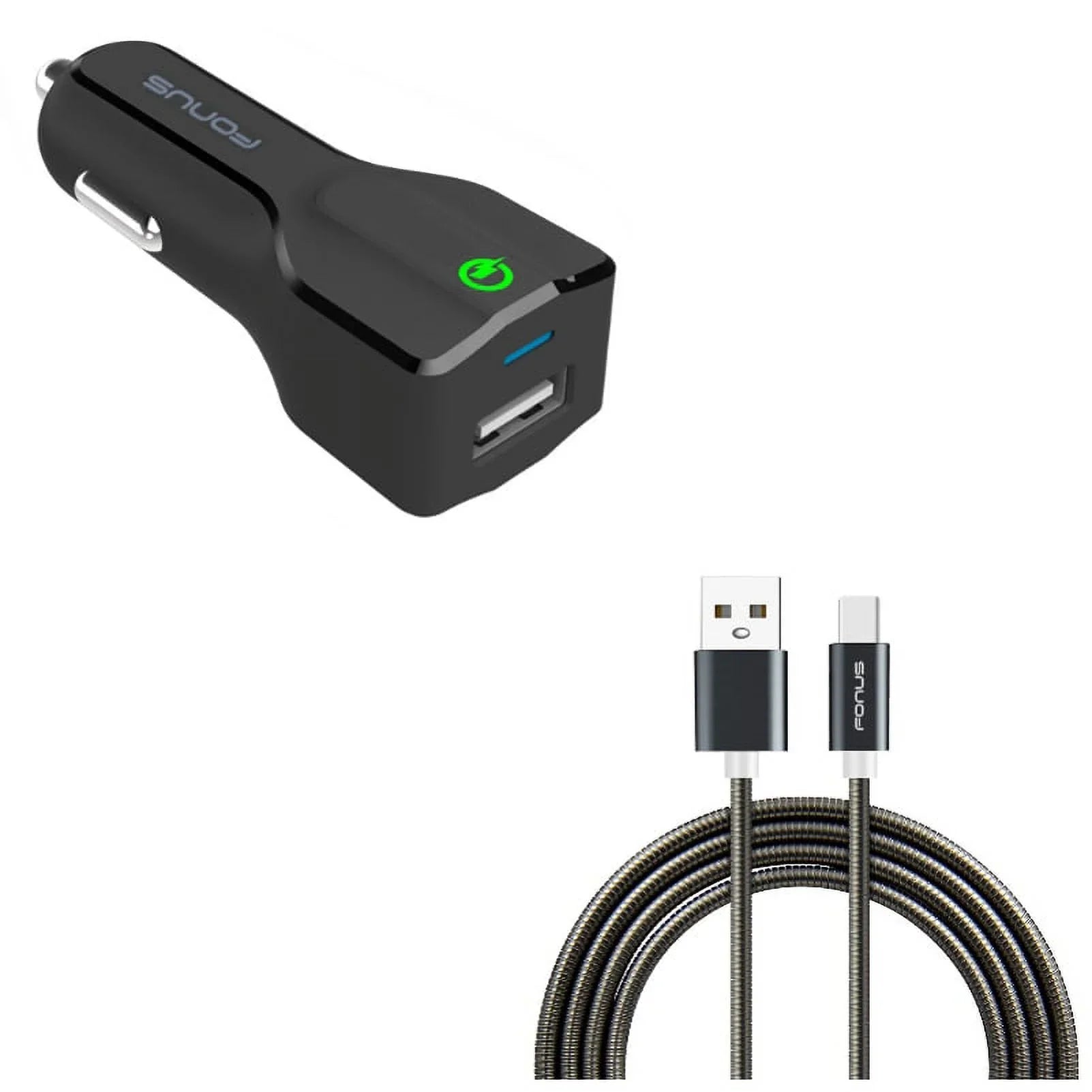 Type-C 3ft Metal USB Cable w USB Port Fast 18W Car Charger G4M Samsung Galaxy Tab S3 9.7 S9 Plus, S8+ S8, S10e S10 Plus active 5G Note 9 8 10 Plus A9 A50 A20 A10e - Sonim XP8 XP3
