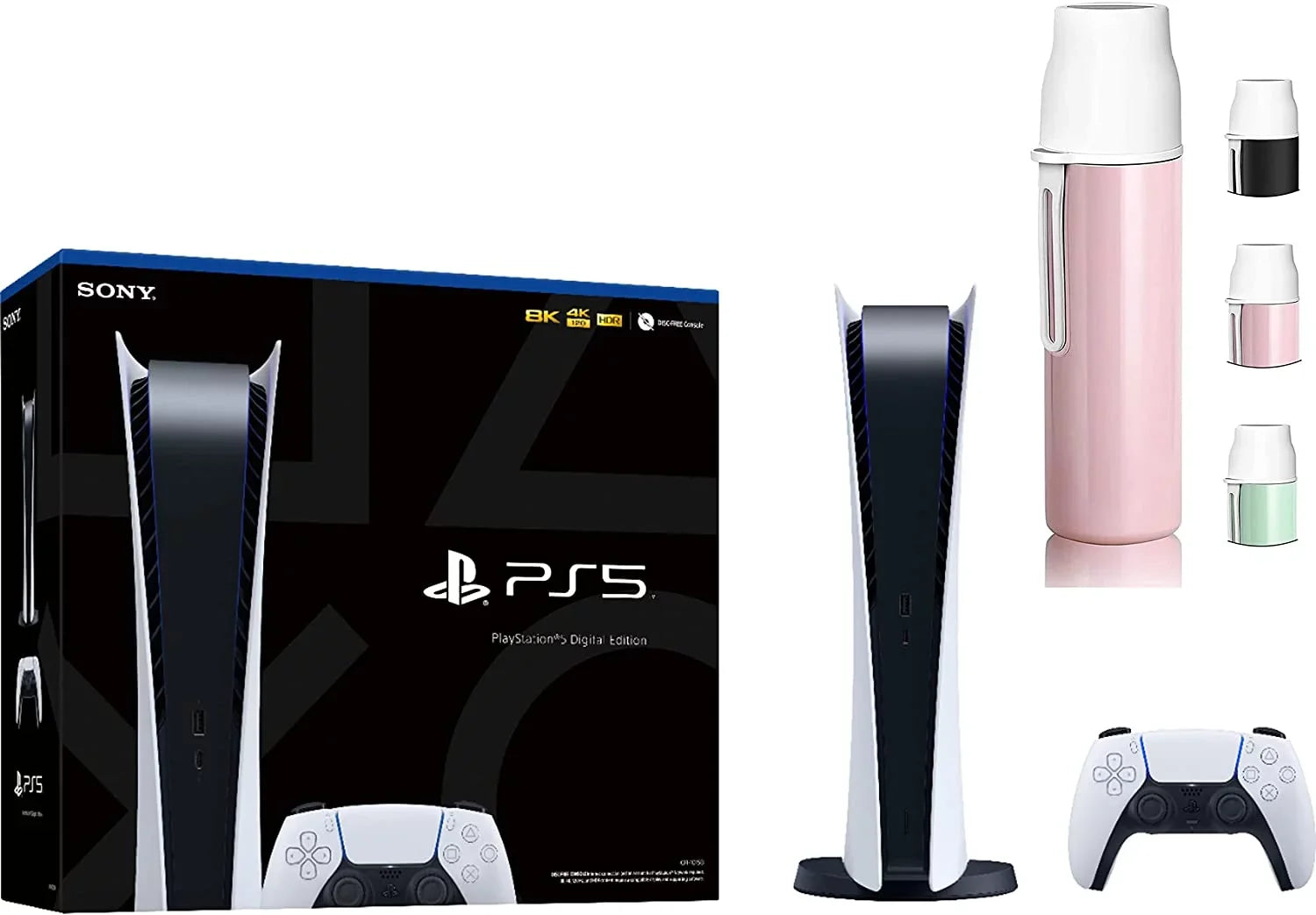 PS5 Sony Playstation 5 Digital Edition Gaming Console + 1 Wireless Controller - 16GB GDDR6, 825GB SSD Storage, WiFi 6, 120Hz 8K Output - Random Color Water Bottle