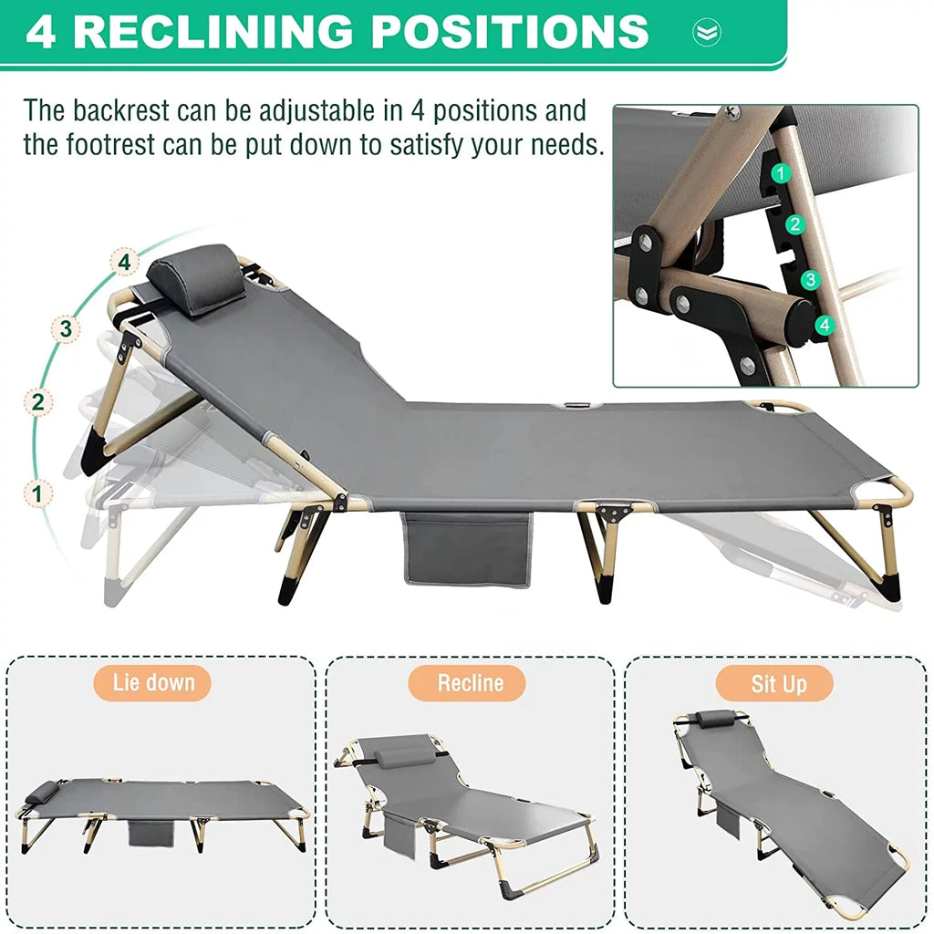 ABORON 4-Fold Portable Folding Chaise Lounge Chair,Camping Cot, with Pillow and Mattress, Adjustable Patio Recliner Garden Beach Outdoor/Indoor