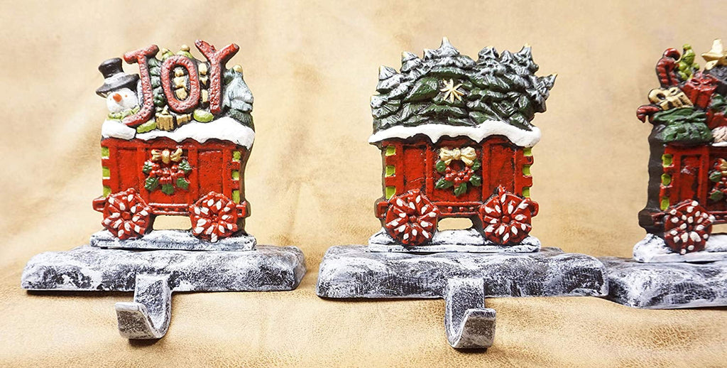 LuLu Decor, 100% Cast Iron Christmas Stocking Holders, 2D Train Engine with 5 Rail carts, 7 Stocking Hooks, Beautiful & Strong Sturdy Heavy Hooks, Each Weighs Approx 3 lb (Combo Train 2D)