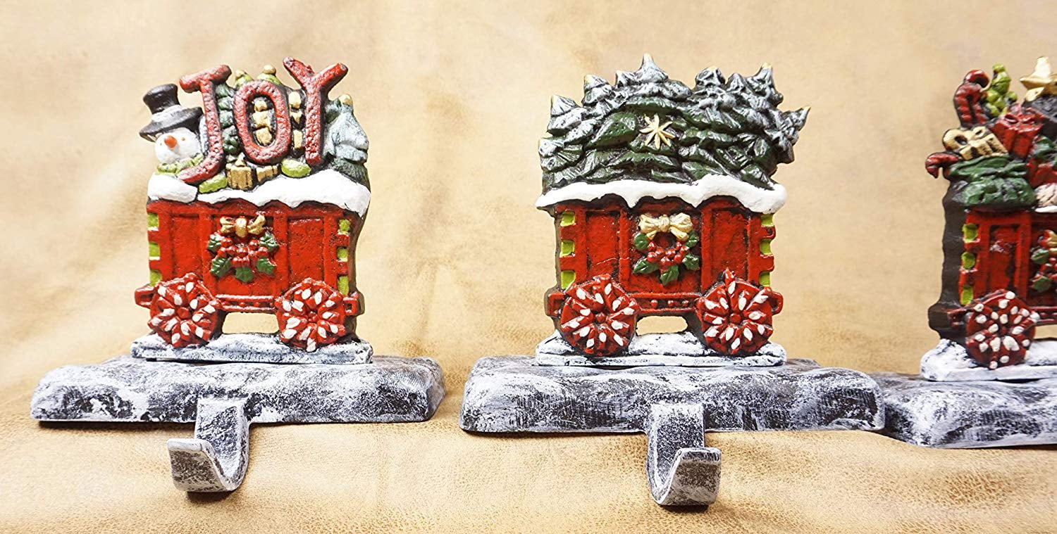 LuLu Decor, 100% Cast Iron Christmas Stocking Holders, 2D Train Engine with 5 Rail carts, 7 Stocking Hooks, Beautiful & Strong Sturdy Heavy Hooks, Each Weighs Approx 3 lb (Combo Train 2D)