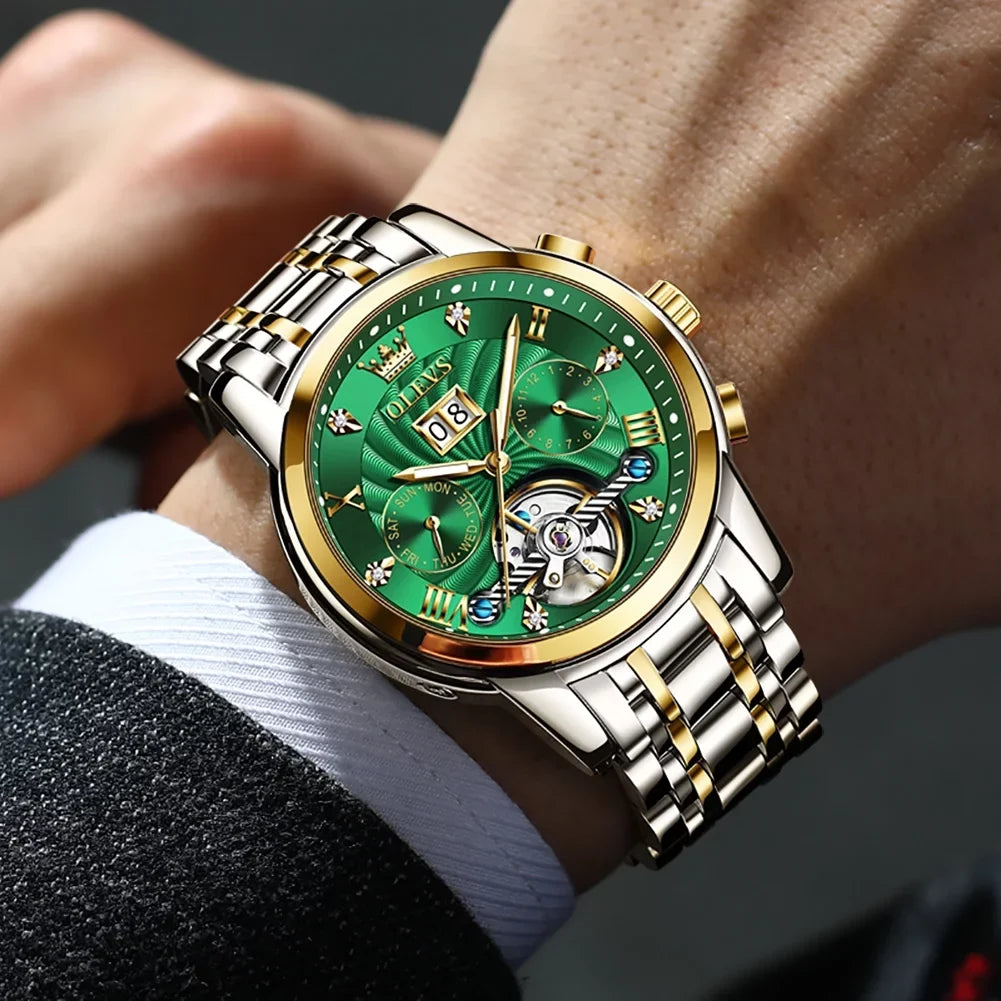 OLEVS Automatic Watches Men Luxury Business Dress Mens Watches Diamond Skeleton Self-Winding Stainless Steel Band
