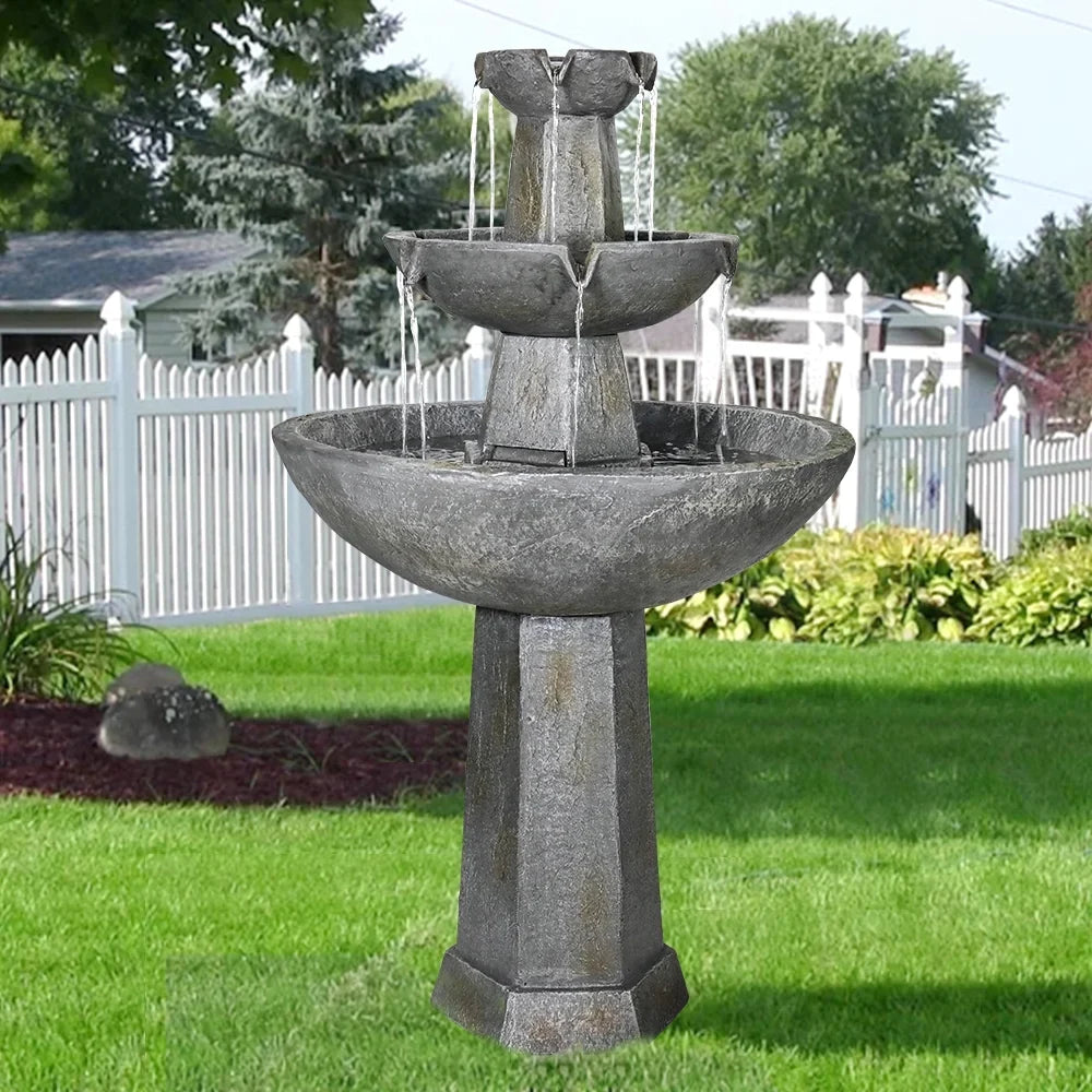 3 Tier Freestanding Waterfall Fountain, 43.3in H Outdoor Fountain with Bird Bath Decor Garden Patio Backyard Deck Home Lawn Porch