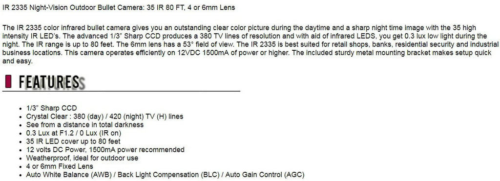 Eyemax IR 2335 Night-Vision Outdoor Bullet CCTV Security Camera 35 IR 80FT (6mm Fixed Lens)